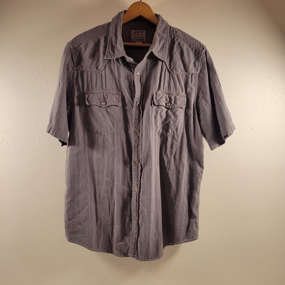 Levis Western Shirt Mens Large Grey Excellent Short Sleeve Pearl Snap Cotton